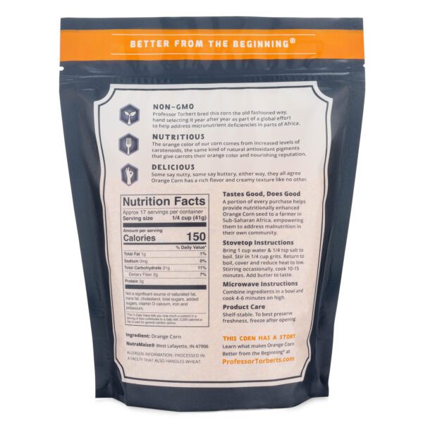 A bag with a label on it showing the ingredients of Orange Corn Grits 24 oz.