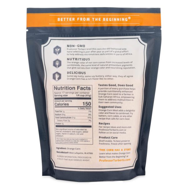 A bag of Orange Corn Meal 24 oz with a label on it that says better from the earth.