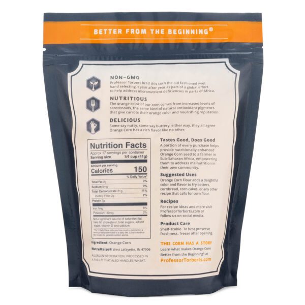 A bag with a label on it showing the ingredients of the Orange Corn Flour 24 oz.